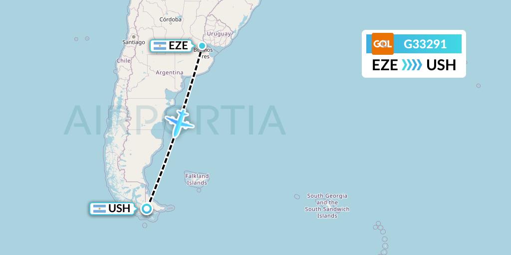 G33291 GOL Transportes Aeros Flight Map: Buenos Aires to Ushuaia
