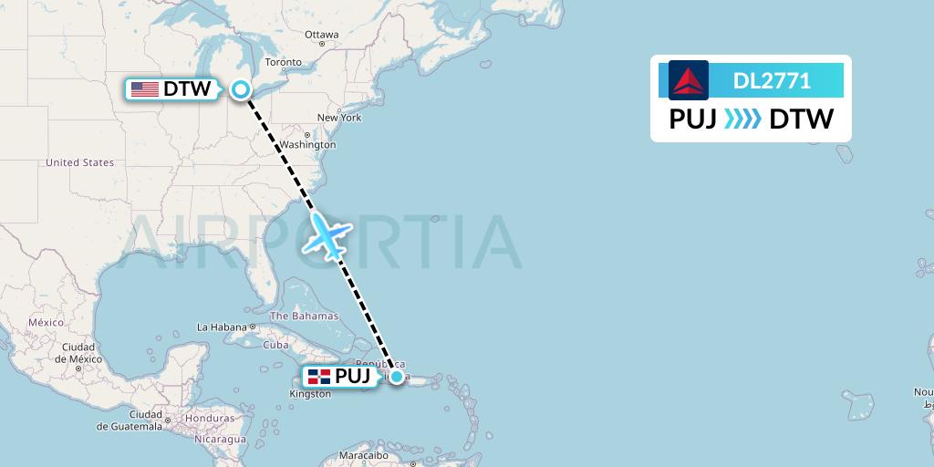 DL2771 Delta Air Lines Flight Map: Punta Cana to Detroit