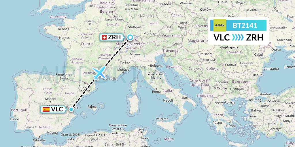 BT2141 Air Baltic Flight Map: Valencia to Zurich