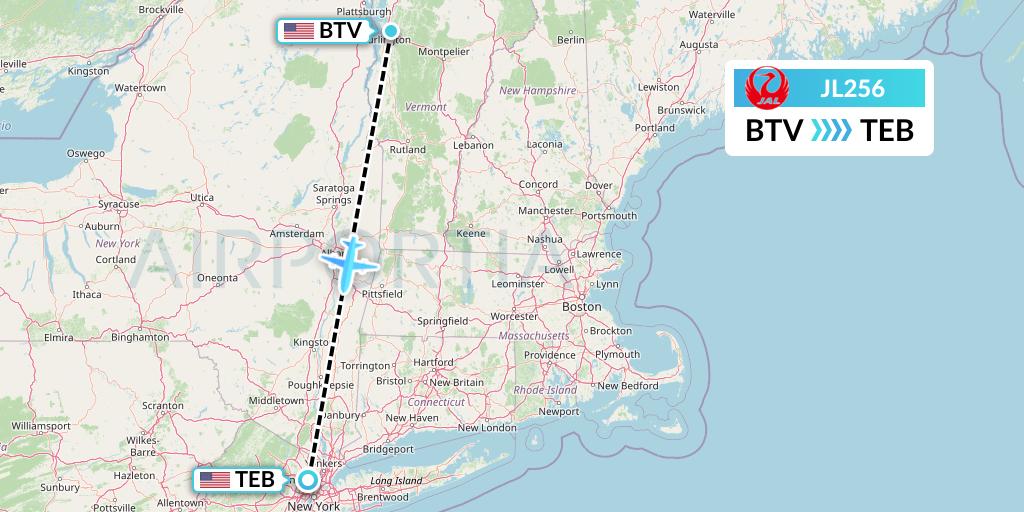 JL256 Japan Airlines Flight Map: Burlington to Teterboro