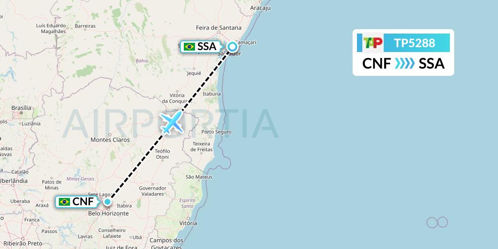 TP5288 TAP Portugal Flight Map: Belo Horizonte to Salvador