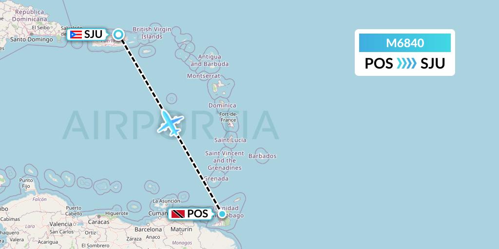 M6840 Amerijet International Flight Map: Port of Spain to San Juan