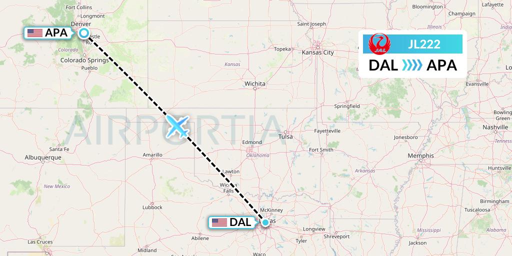 JL222 Japan Airlines Flight Map: Dallas to Denver