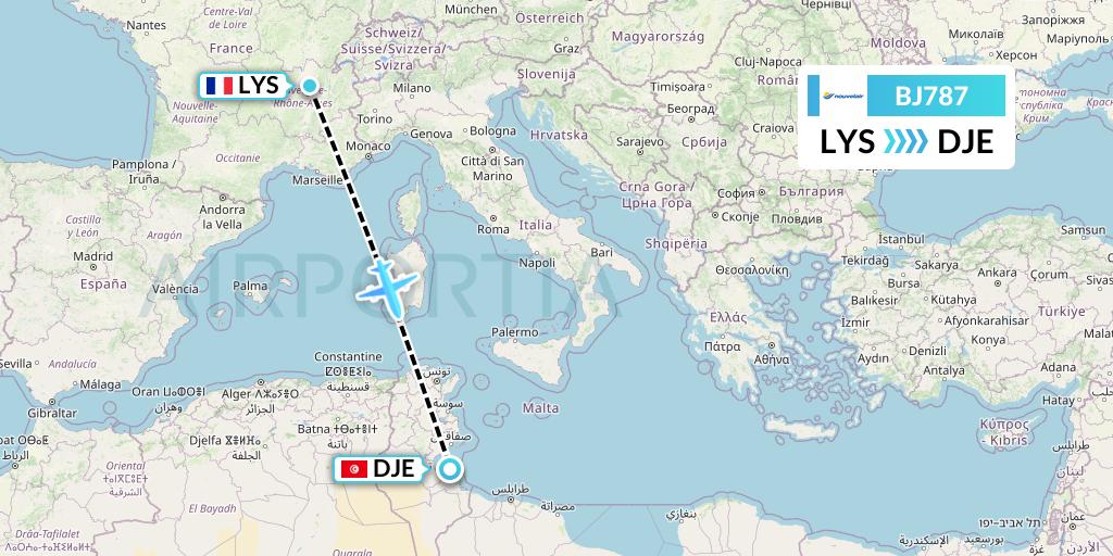BJ787 Nouvelair Tunisie Flight Map: Lyon to Djerba