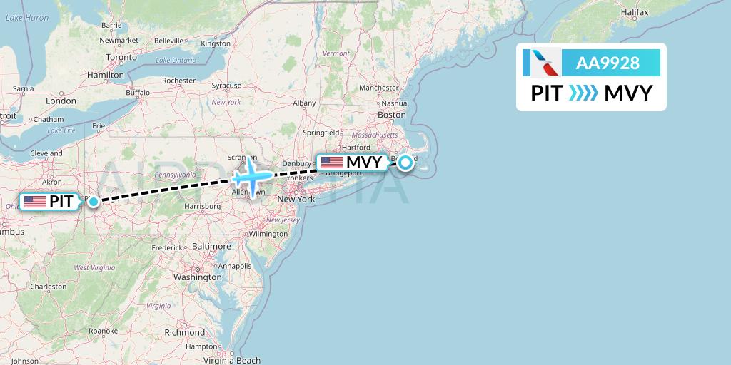AA9928 American Airlines Flight Map: Pittsburgh to Martha's Vineyard
