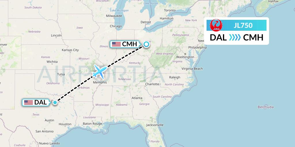 JL750 Japan Airlines Flight Map: Dallas to Columbus
