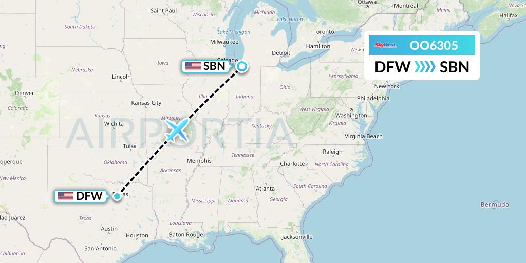 OO6305 SkyWest Airlines Flight Map: Dallas to South Bend