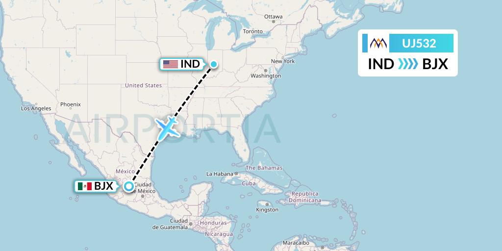 UJ532 AlMasria Universal Airlines Flight Map: Indianapolis to Silao