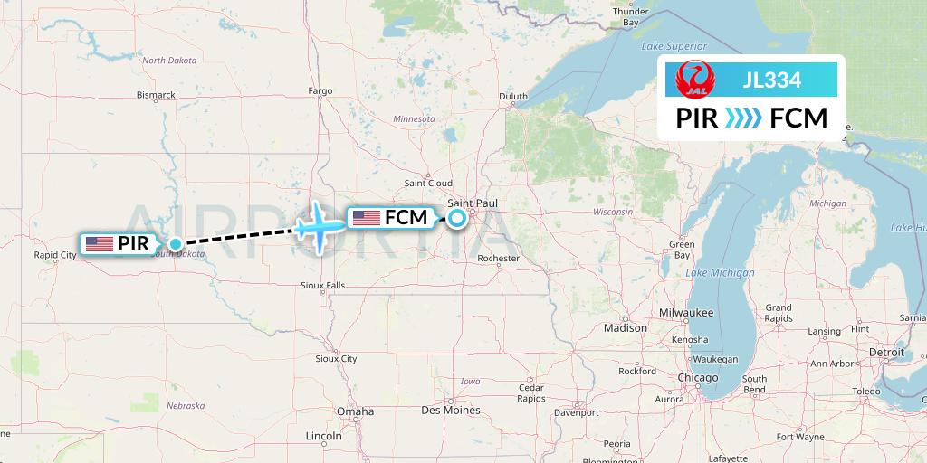 JL334 Japan Airlines Flight Map: Pierre to Minneapolis