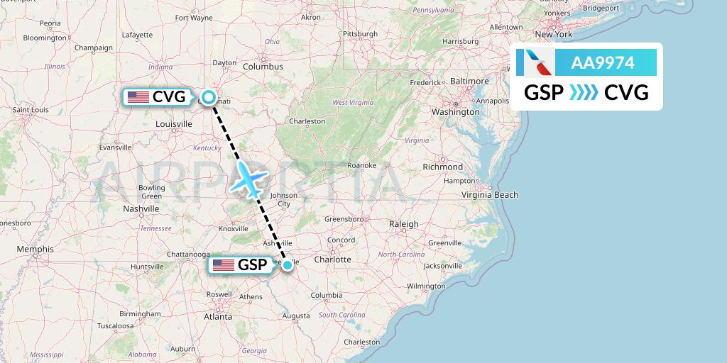 AA9974 American Airlines Flight Map: Greenville-Spartanburg to Cincinnati
