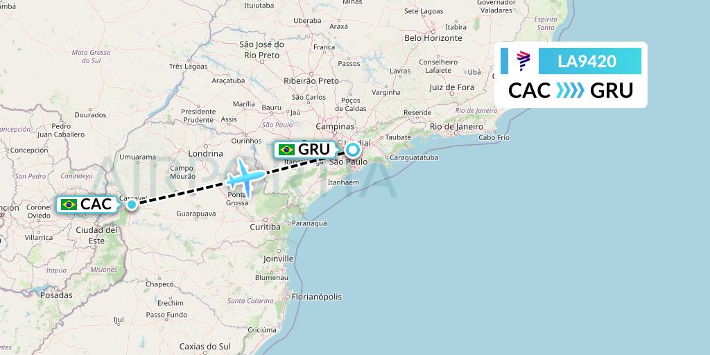 LA9420 LAN Airlines Flight Map: Cascavel to Sao Paulo