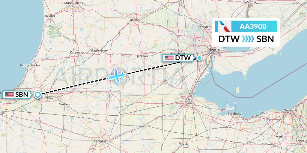AA3900 American Airlines Flight Map: Detroit to South Bend