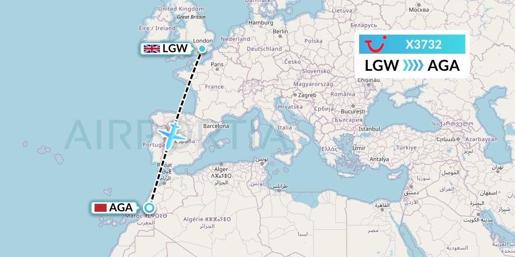 X3732 TUI fly Germany Flight Map: London to Agadir