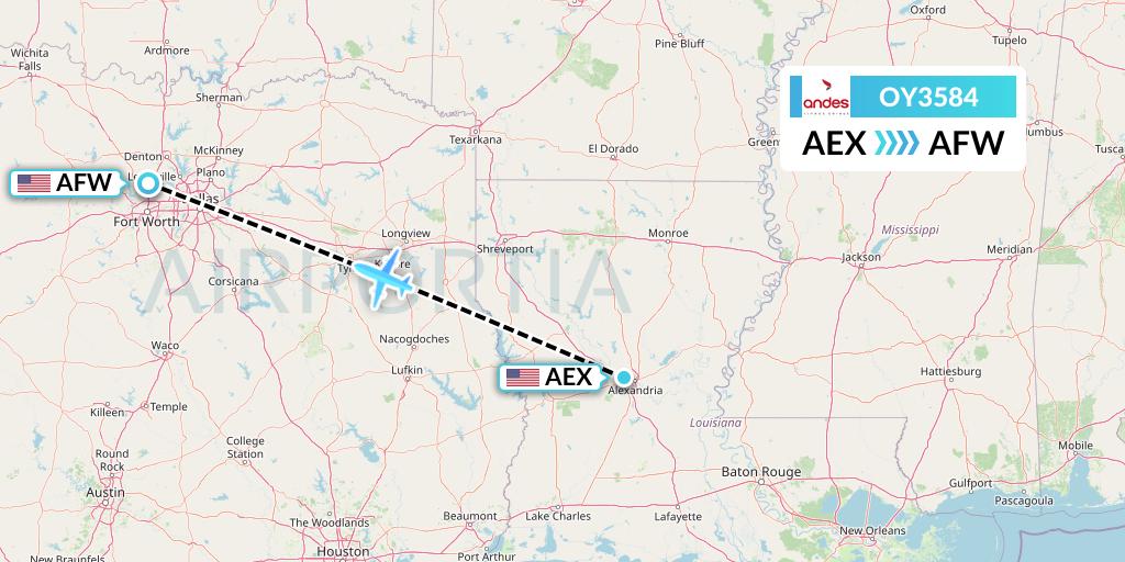 OY3584 Omni Air International Flight Map: Alexandria to Fort Worth