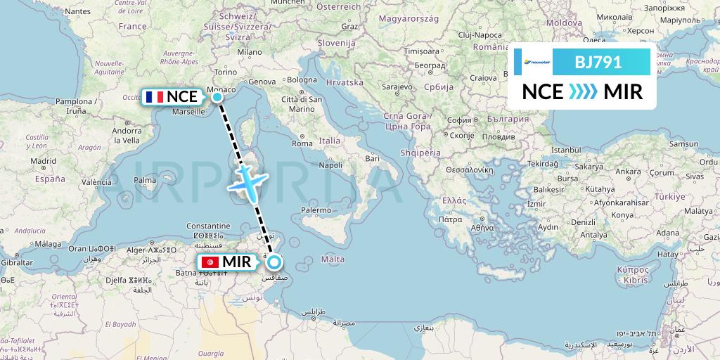 BJ791 Nouvelair Tunisie Flight Map: Nice to Monastir