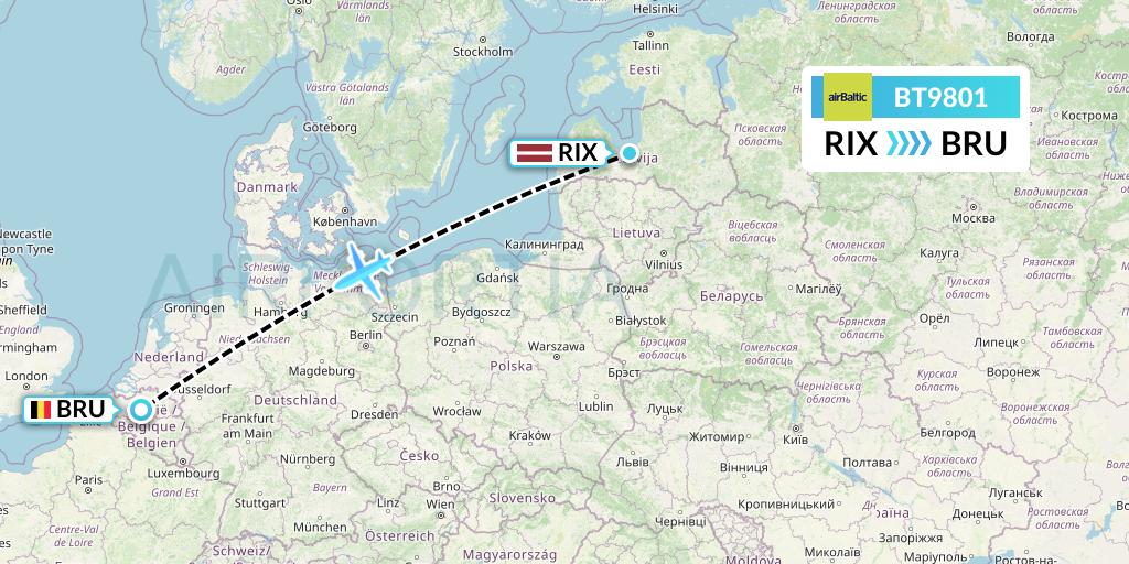 BT9801 Air Baltic Flight Map: Riga to Brussels