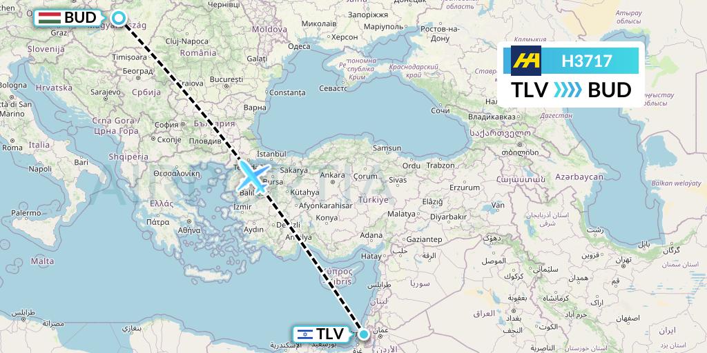 H3717 Harbour Air Flight Map: Tel Aviv to Budapest