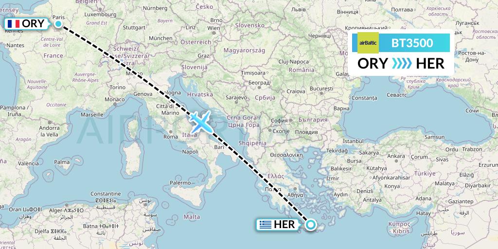 BT3500 Air Baltic Flight Map: Paris to Heraklion