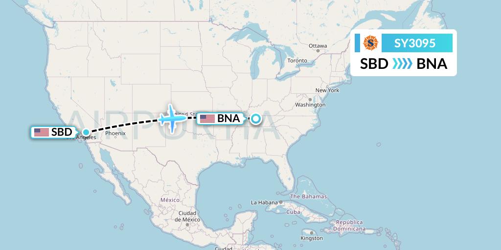 SY3095 Sun Country Airlines Flight Map: San Bernardino to Nashville