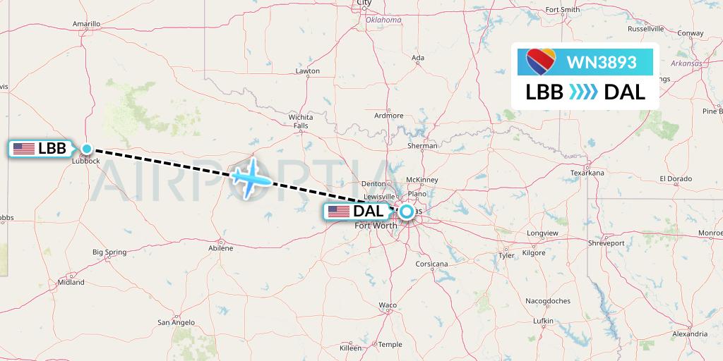 WN3893 Southwest Airlines Flight Map: Lubbock to Dallas