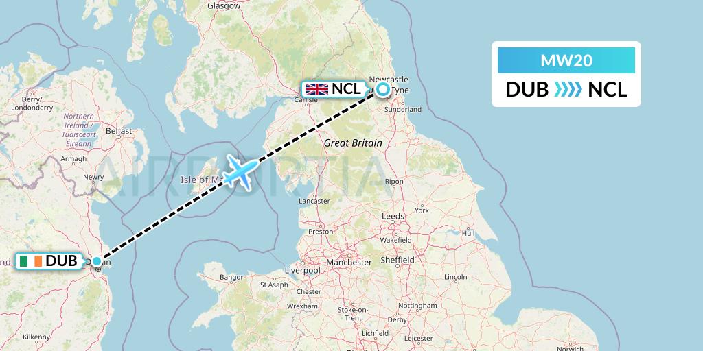 MW20 Mokulele Flight Service Flight Map: Dublin to Newcastle