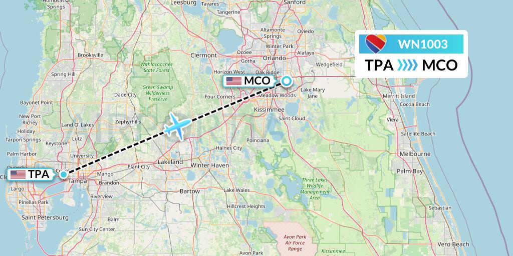 WN1003 Southwest Airlines Flight Map: Tampa to Orlando