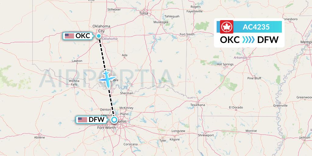 AC4235 Air Canada Flight Map: Oklahoma City to Dallas