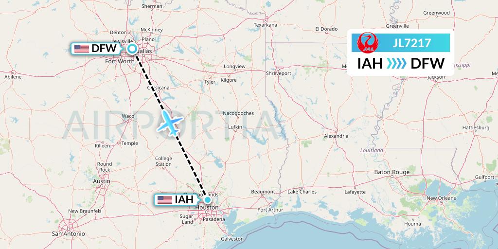 JL7217 Japan Airlines Flight Map: Houston to Dallas