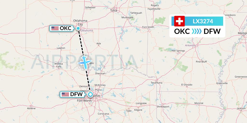 LX3274 Swiss Flight Map: Oklahoma City to Dallas