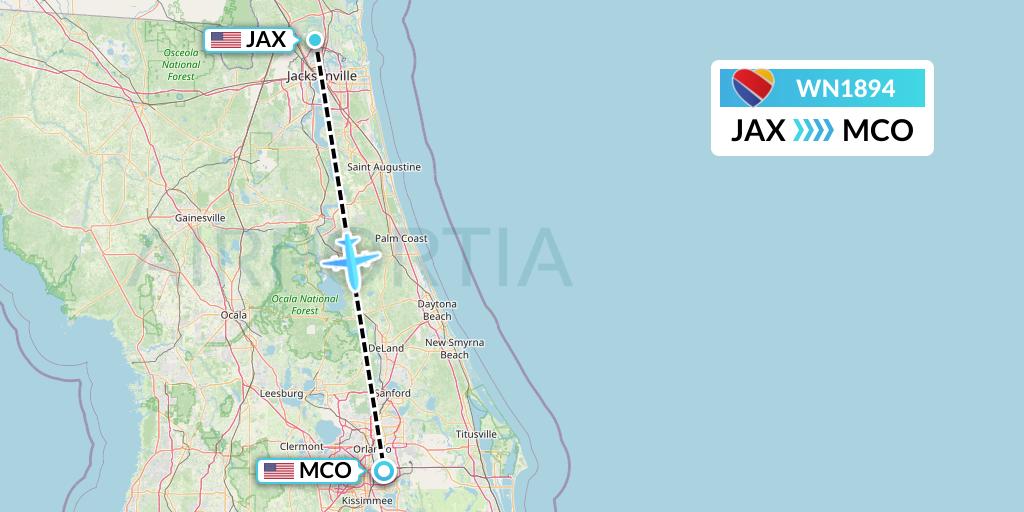 WN1894 Southwest Airlines Flight Map: Jacksonville to Orlando
