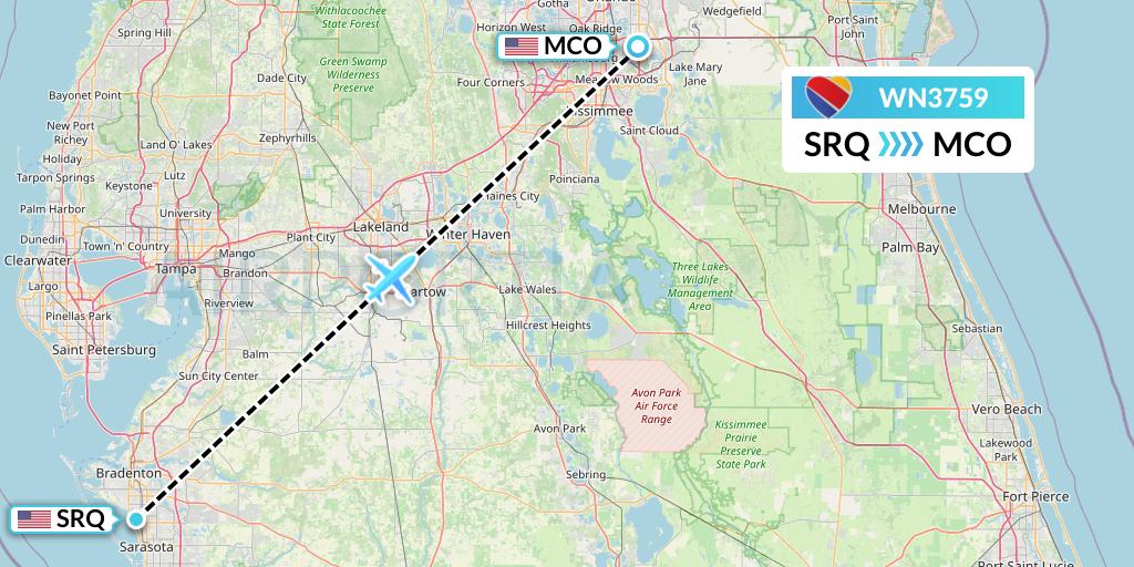 WN3759 Southwest Airlines Flight Map: Sarasota to Orlando