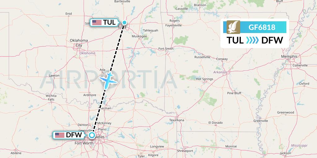 GF6818 Gulf Air Flight Map: Tulsa to Dallas