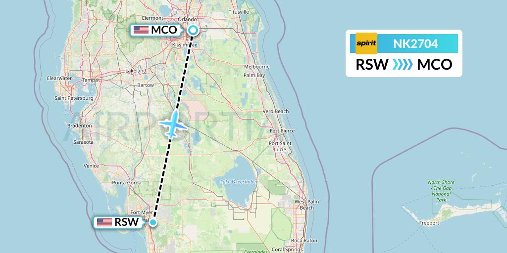 NK2704 Spirit Airlines Flight Map: Fort Myers to Orlando
