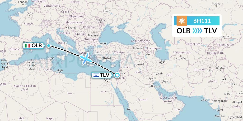 6H111 Israir Airlines Flight Map: Olbia to Tel Aviv