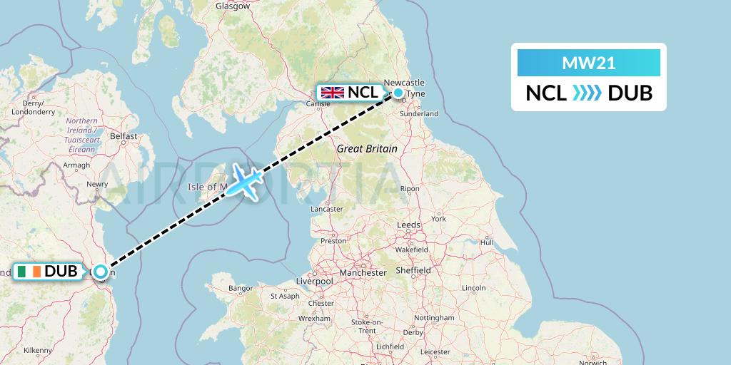 MW21 Mokulele Flight Service Flight Map: Newcastle to Dublin