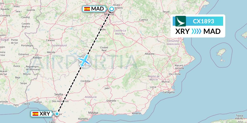 CX1893 Cathay Pacific Flight Map: Jerez to Madrid