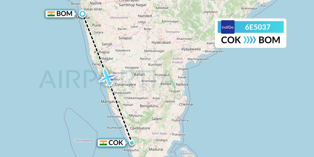 6E5037 IndiGo Airlines Flight Map: Cochin to Mumbai