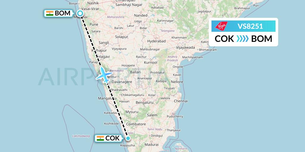 VS8251 Virgin Atlantic Airways Flight Map: Cochin to Mumbai