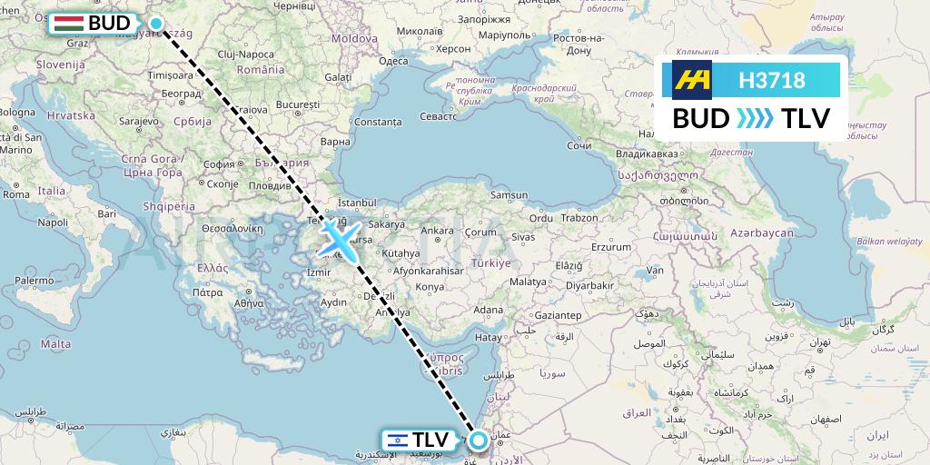 H3718 Harbour Air Flight Map: Budapest to Tel Aviv