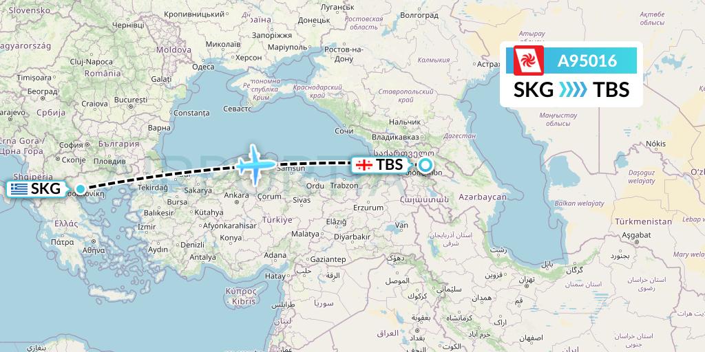 A95016 Georgian Airways Flight Map: Thessaloniki to Tbilisi