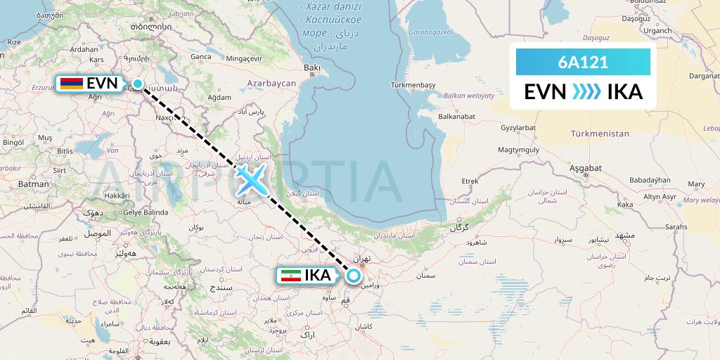 6A121 Armenia Airways Aircompany CJSC Flight Map: Yerevan to Tehran