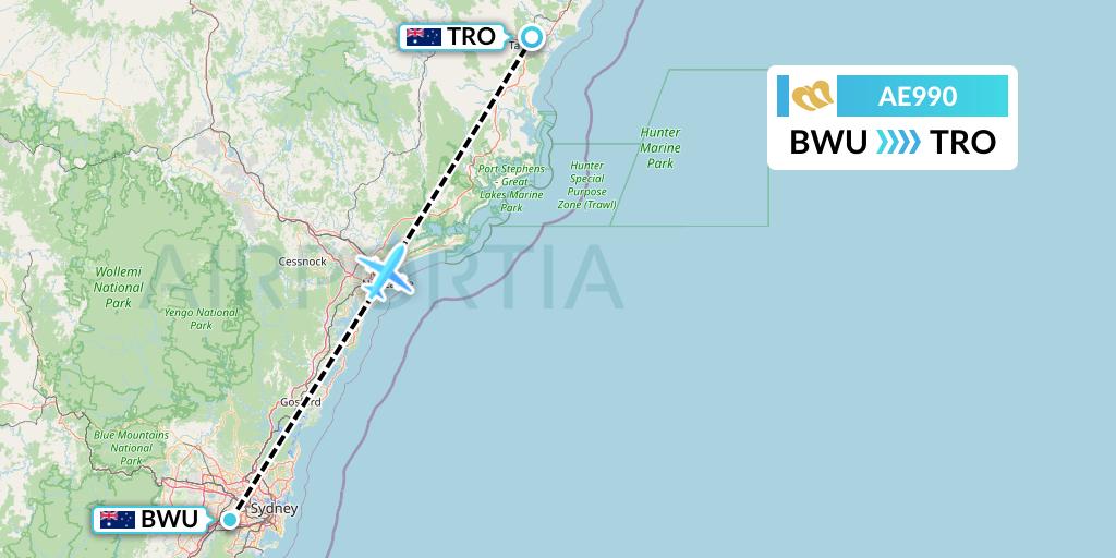AE990 Mandarin Airlines Flight Map: Bankstown to Taree