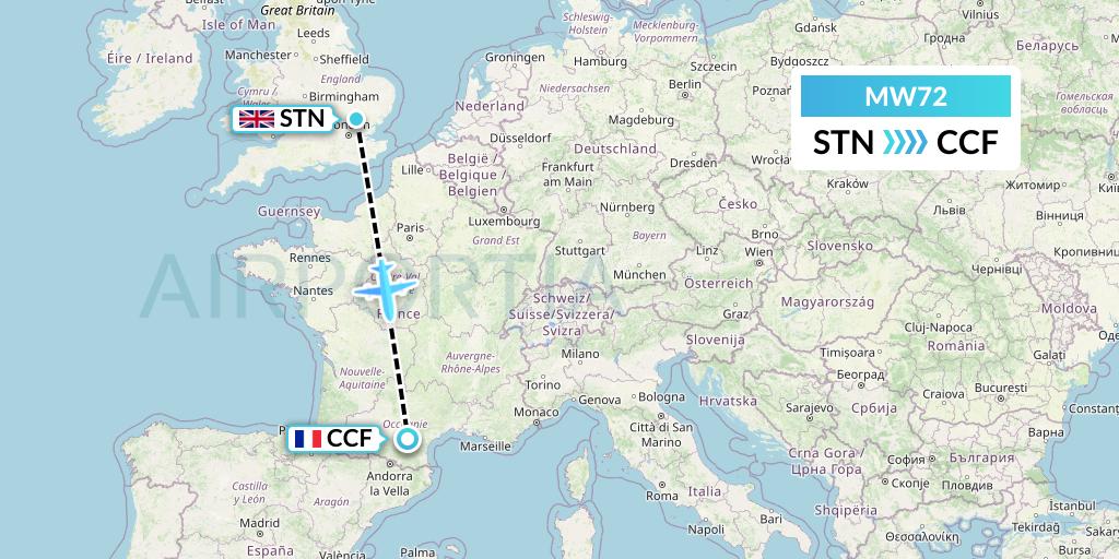 MW72 Mokulele Flight Service Flight Map: London to Carcassonne