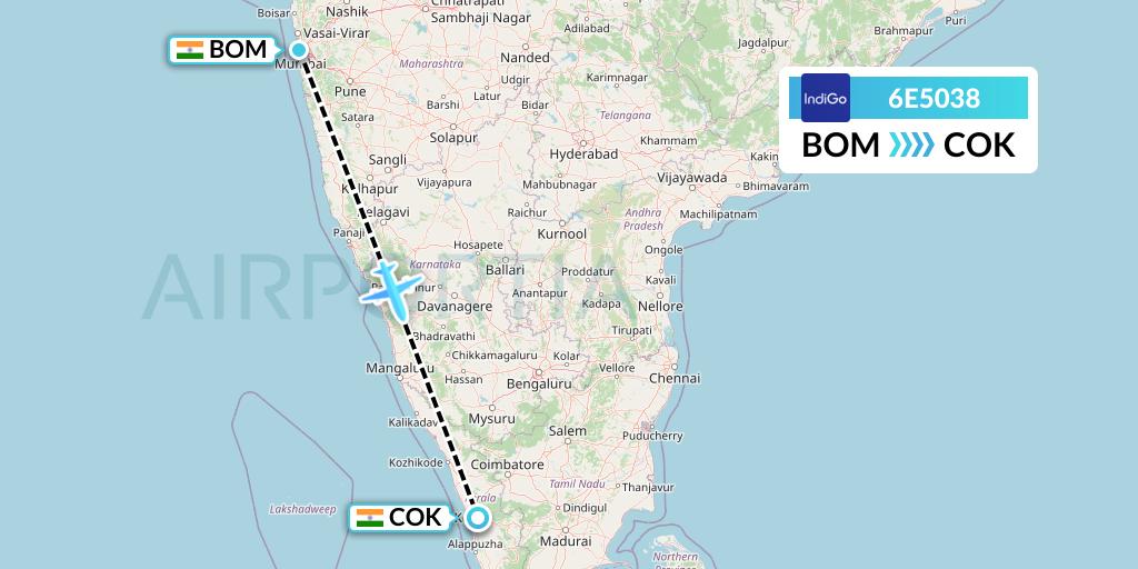 6E5038 IndiGo Airlines Flight Map: Mumbai to Cochin