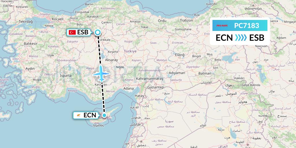 PC7183 Pegasus Airlines Flight Map: Tymvou to Ankara