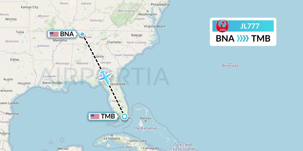 JL777 Japan Airlines Flight Map: Nashville to Miami