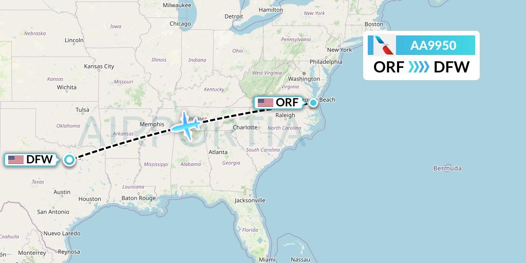 AA9950 American Airlines Flight Map: Norfolk to Dallas