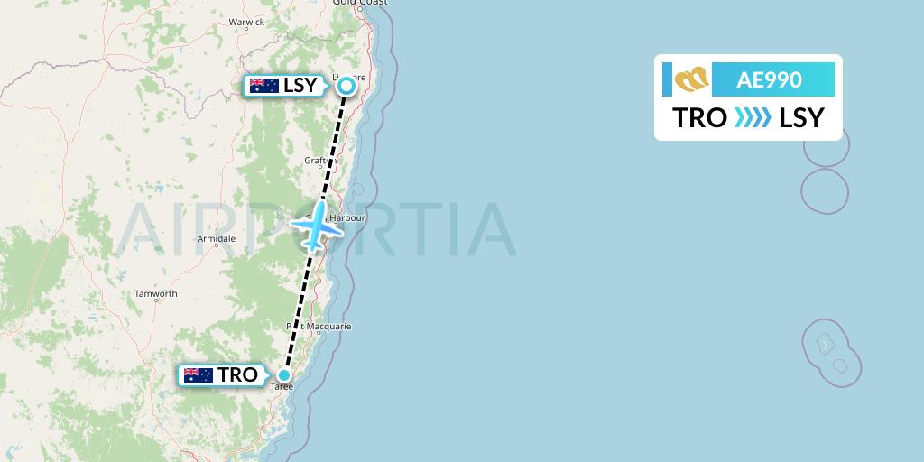 AE990 Mandarin Airlines Flight Map: Taree to Lismore
