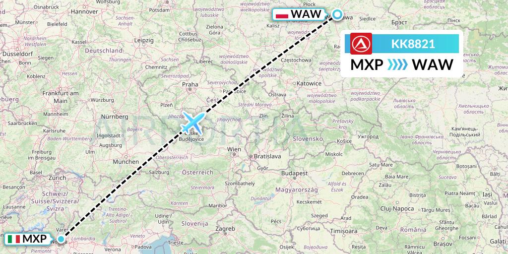 KK8821 Atlasjet Flight Map: Milan to Warsaw