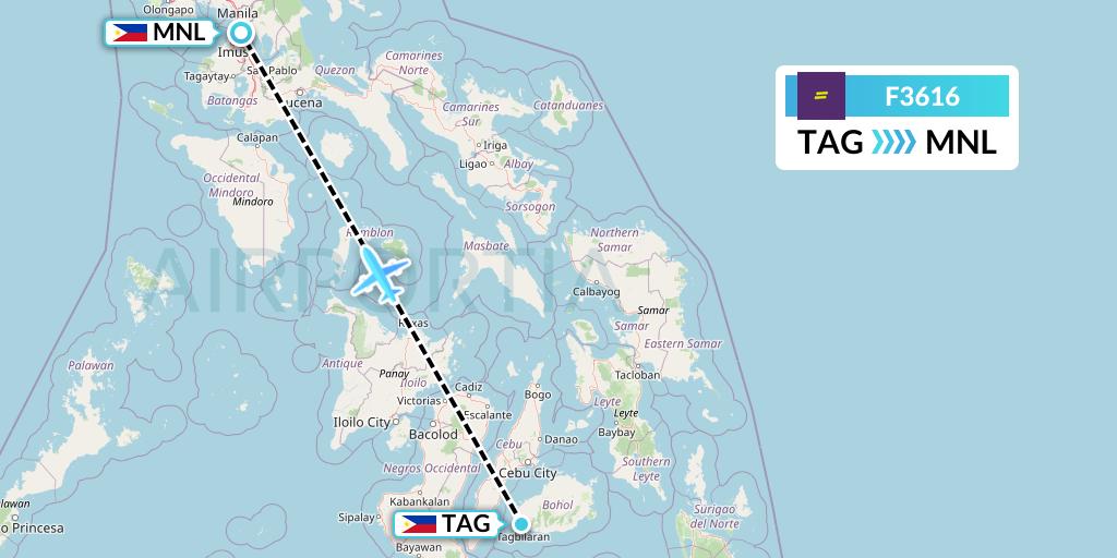 F3616 flydeal Flight Map: Tagbilaran City to Manila